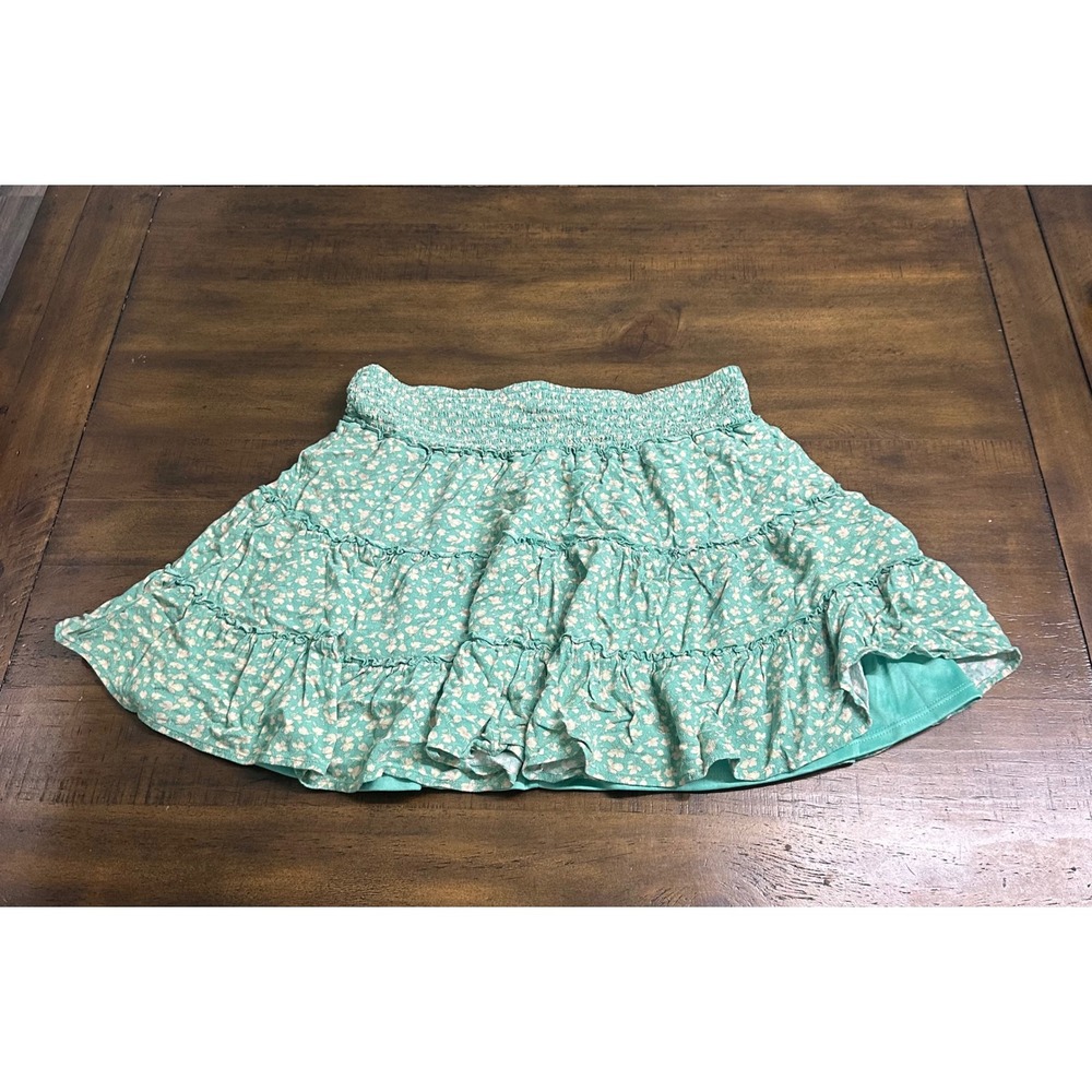 American Eagle Teal Floral Tiered Ruffle Smocked Mini Skirt Womens Size Medium - Picture 4 of 6